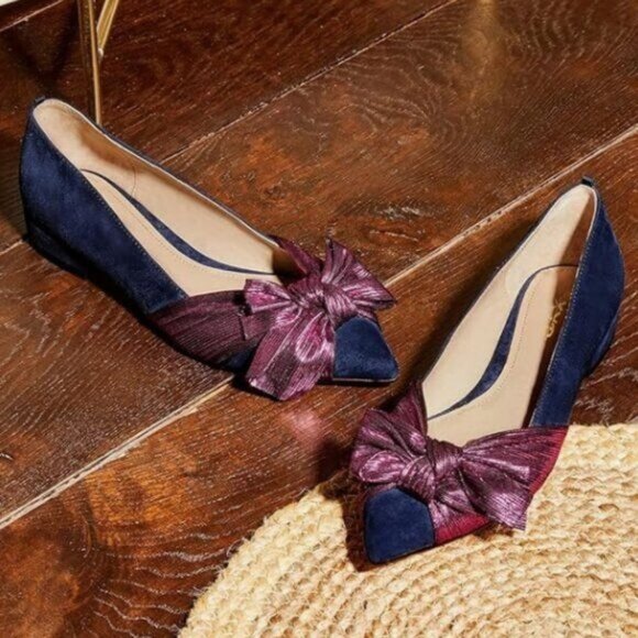 XYD Shoes - XYD Navy Bowknot Pointed Toe Slip On Low Heels Pumps Soft Suede Party Shoes